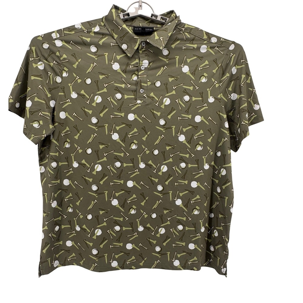 No Boundaries Polo Shirt Mens 2XL Green Golf Ball Tee Print Short Sleeve Stretch